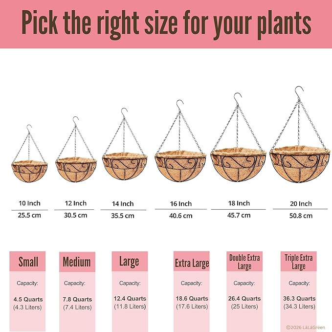 LaLaGreen Hanging Planter for Outdoor Plants (16 Inch, 6 Pack) Hanging Baskets with Coco Liner, Black Metal Wire Flower Basket Pots with Hook Hanger Balcony Porch Farmhouse Country Style Garden Decor