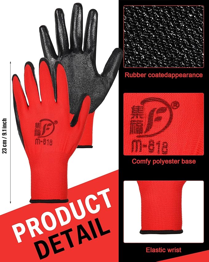 Potchen 72 Pairs Gardening Work Gloves Bulk for Men Women, Rubber Coated Garden Multipack Safety Construction Glove