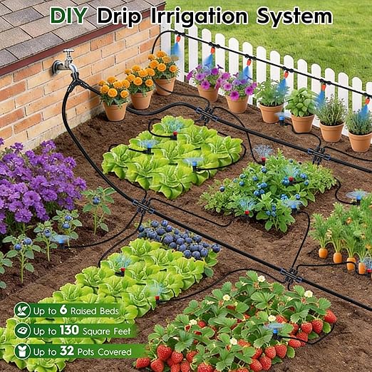 2026-Upgrade Quick-Connect Drip Irrigation System, Garden Irrigation Kit with 2/5" & 1/4" Tubing and Adjustable Nozzles & Sprinklers, Automatic Watering System for Garden, Lawn, Greenhouse