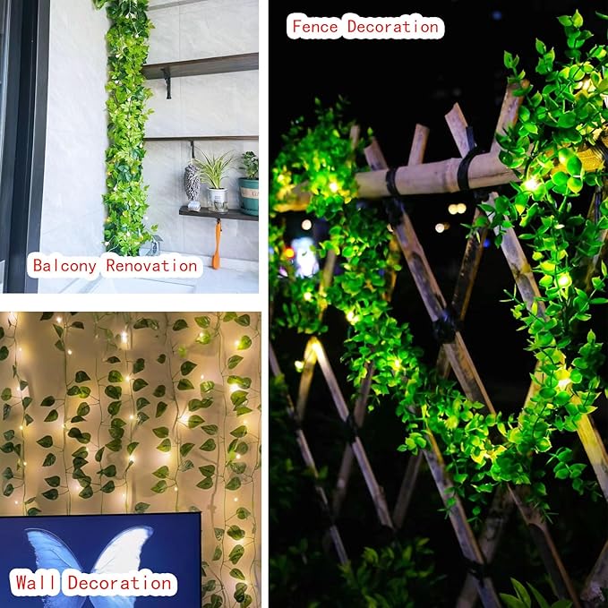 6 Pcs Artificial Hanging Plants Begonia Leaf Vines With 60 Warm Lights, Begonia Vine Leaves, Fake Plant Vine Hanging Garland for Wall, Party Wedding, Home, Kitchen, Indoor and Outdoor Decoration