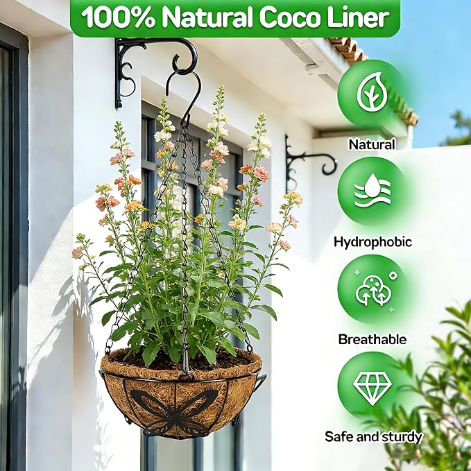QCQHDU 3 Pack 10 inch Metal Hanging Orchid Baskets for Plants Outdoor, Hanging Orchid Planter Basket with Coco Liners, Orchid Pots with Holes for Garden, Patio, Deck, Porch Plants(Butterfly)