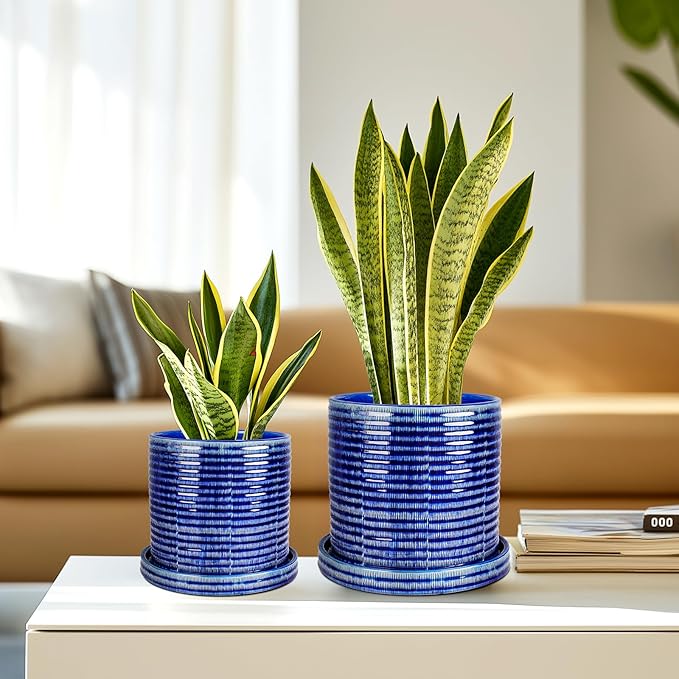 EFISPSS Ceramic Planter Pots, 6+8+10 Inch Planters for Plant Outdoor, Flower Pots with Drainage Hole and Saucer, Planter Pots for Home Garden Patio, Set of 3 - Blue