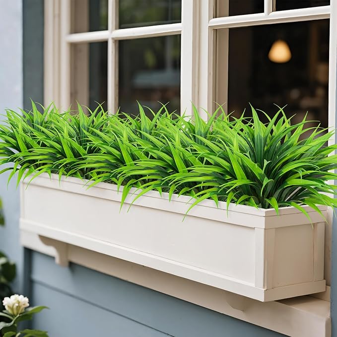 Ouddy Decor 20 Pcs Fake Outdoor Plants Artificial Grass Greenery Stems Faux Plastic Plants UV Resistant for Spring Summer Indoor Outside Garden Hanging Planter Porch Window Box Home Decor, Green