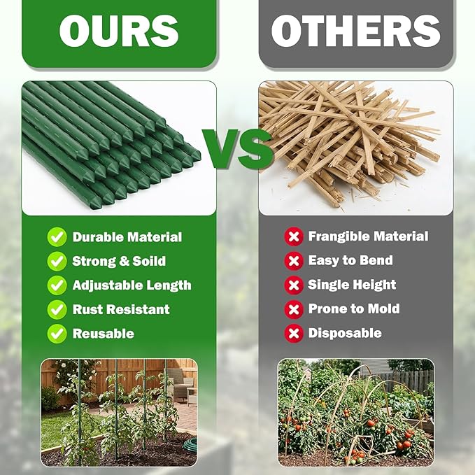 Garden Stakes 70 Pack, 16 Inch Plastic Coated Metal Tomato Stakes, DIY 4ft 5ft 6ft 7ft Plant Support Stakes with 40 Connectors 30 Rotatable Clips 30 Plant Clips for Indoor Outdoor Vegetables