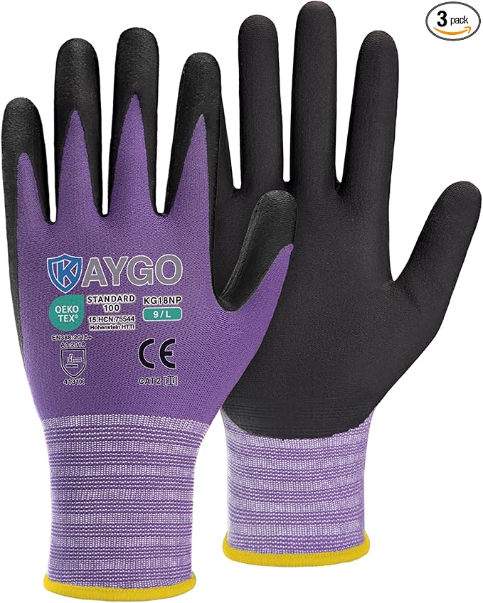 KAYGO Safety Work Gloves MicroFoam Nitrile Coated, 3 Pairs KG18NB,Seamless Knit Nylon Glove for Men and Women, Ideal for Automotive,Warehouse,Construction (L,Purple)