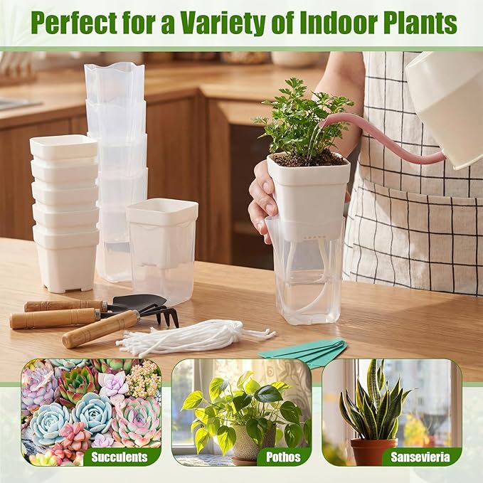 30 Pack 2.5" Small Self Watering Pots for Indoor Plants Clear Mini Self Watering Plant Pot with Water Level, Drainage Holes 30 Plastic Label 3 Planting Tools, Rope for Propagation Succulents