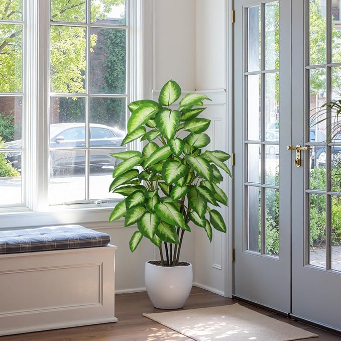 FLOWORLD Artificial Golden Dieffenbachia 4ft Tall Artificial Plants Indoor Decorative Silk Plants Potted Faux Tropical Tree Lifelike House Floor Large Fake Tree for Home Living Room