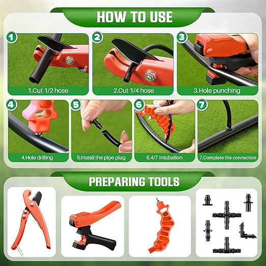 Feekoon Drip Irrigation Punch Hole Tubing Cutter Tools with Barbed Connectors, 2-in-1 Drip Tubing Hole Punch for 1/4 Inch Fitting 16 20 25 mm PE Pipe and Emitter (Orange,115 Irrigation Plugs)