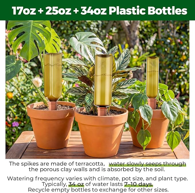 12 Pcs 17oz 25oz 34oz Plant Watering Devices 6 Terracotta Self Watering Spikes 6 Plastic Bottles Slow Release Vacation Planter Insert Automatic Water System for Indoor Outdoor Potted Plant