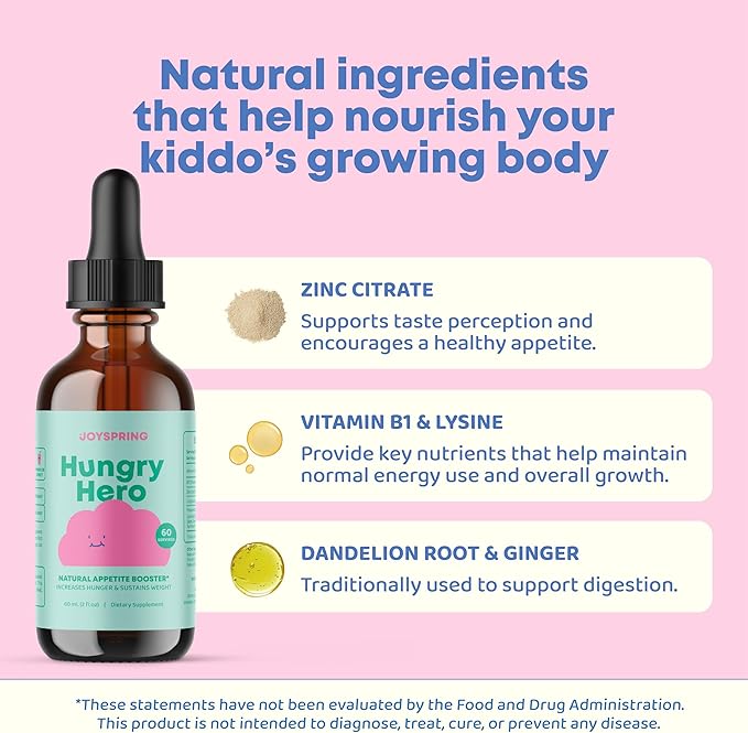 JoySpring Appetite Booster for Kids Ages 3+ | Natural Weight Gain with L-Lysine & B Vitamins | Toddler Appetite Booster | Supports Healthy Growth & Development | 2oz Liquid