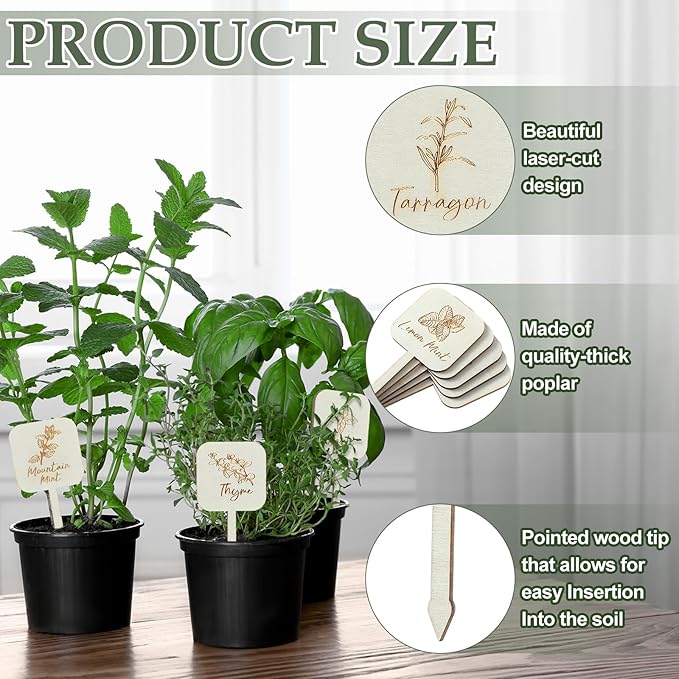 Leinuosen 30 Pcs Wooden Plant Labels Herb Markers Garden Labels with Printed Herb Name Herb Tags Wood Garden Stakes for Indoor and Outdoor Potted Seed Herbs