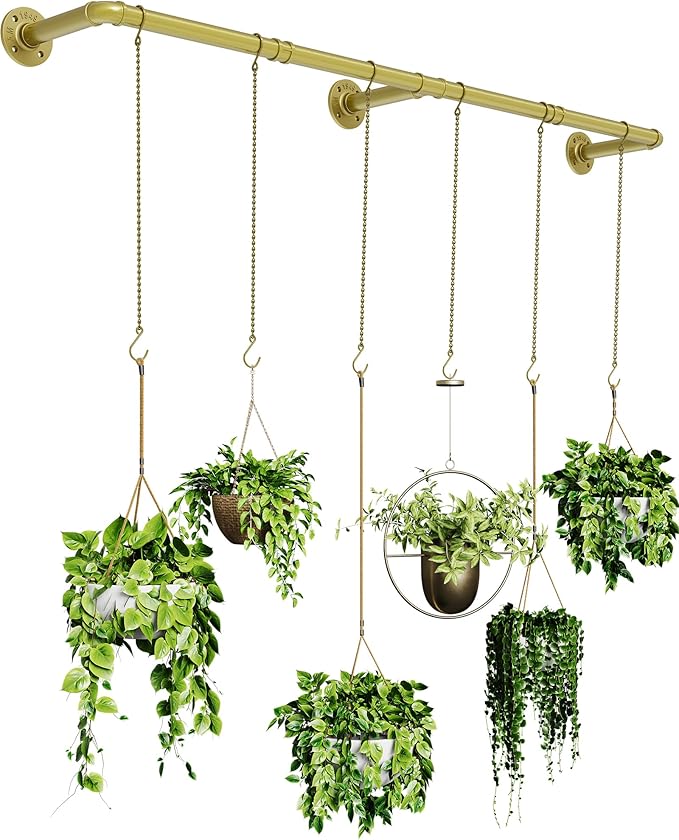 SOFITORG Plant Haning Rod, Hanging Planters for Indoor Plants with 6 Chains, Wall Plant Hanging Bar for Window Celling, 65.7 Inch, Metal Gold, Pots Not Included