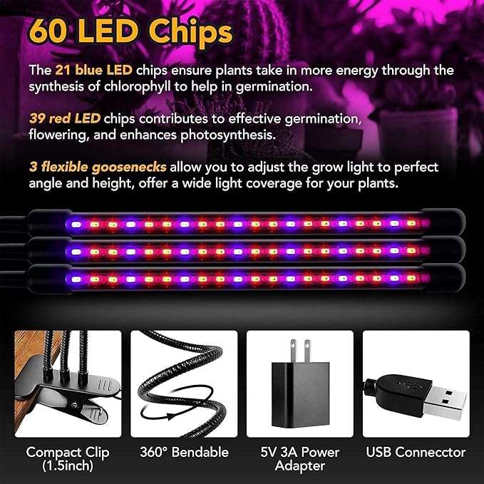 iPower 60 LED Grow Light with Full Spectrum for Indoor Plants, Adjustable Gooseneck, 3 Light Modes&10 Dimmable Levels, Auto 3H/9H/12H Timer, 3 Tudes, Red&Blue