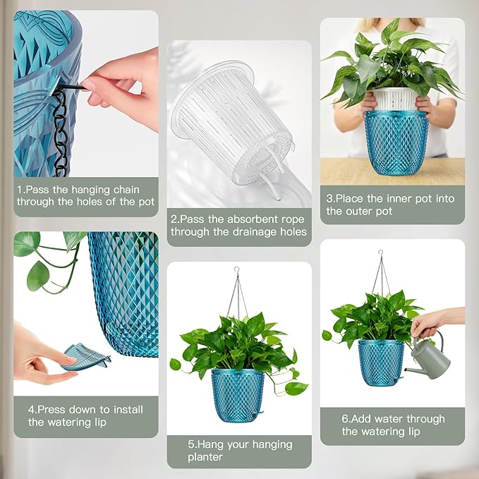 QCQHDU Self Watering Hanging Pots, 2 Pack 7.2 Inch Hanging Planters for Indoor Plants, Plant Hanger with Drainage Holes and 3 Hooks Chains for Garden Home (Klein Blue)