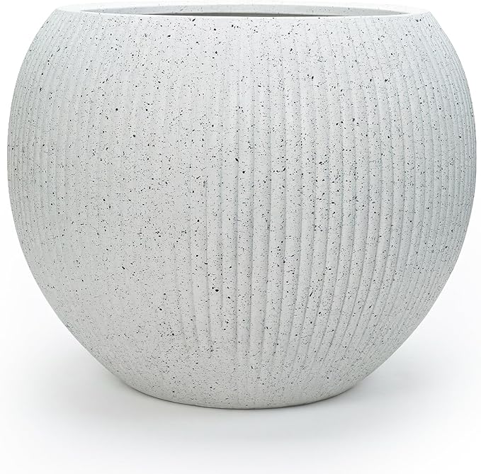 DTY Mount Sherman 12.6" D x 10'' H (Pot Opening 8.5") Fiberstone Round Planter with Drainage Hole, Smooth Finishes, Weather Resistant for Indoor and Outdoor, 2 Extra Coco Mats - White Ribbed,Small