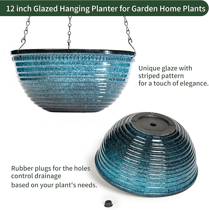Vanslogreen 12 inch Hanging Planters for Indoor Outdoor Plants, 2 Pack Large Hanging Flower Pots with Drainage Holes and Chain, Glazed Hanging Baskets for Home Garden Decoration, Blue