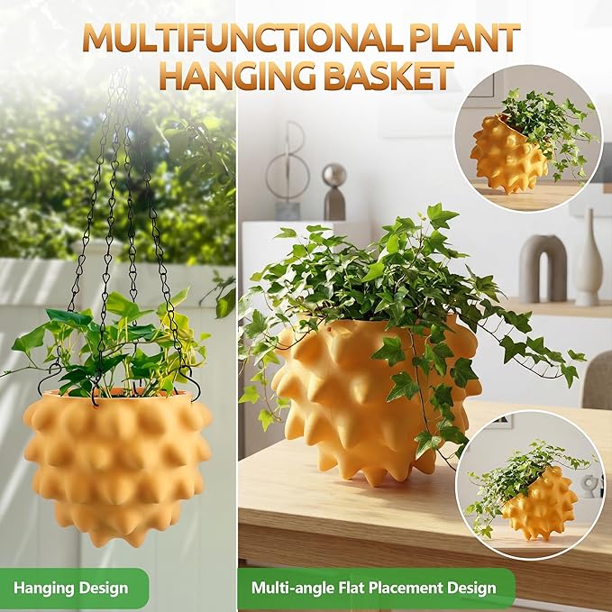 Enhon 7 Inch Hanging Planters for Indoor Plants, Unique Hanging Pots for Plants with Drainage and Hanger Baskets Hangers, Spiked Orb Plant Hanger, Matte Mustard Yellow