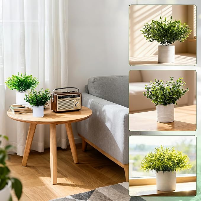 FGSAEOR Mini Potted Fake Plants, Small Artificial Greenery Plants Topiaries, Low Maintenance, Shelf Desk Room Table Office Home Decor (3-Pack) (White Pot - Green)