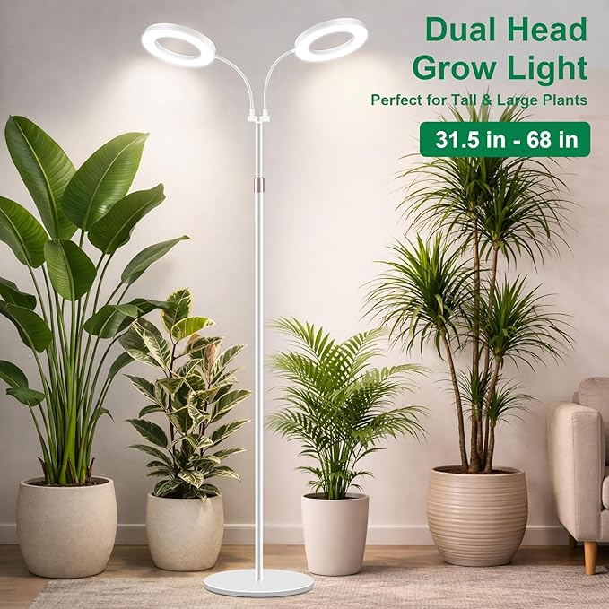 LBW Dual Head Grow Light with Stand for Indoor Plants, Full Spectrum Grow Light for Multiple Tall Plants, Adjustable Height up to 68", Auto Cycle Timer 6/8/12/16H, 5-Level Dimmable, 3 Lighting Modes