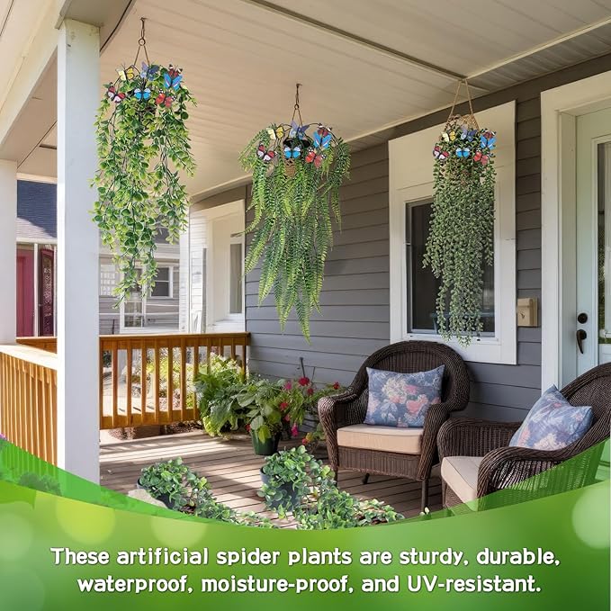 Giegxin 10 Set Fake Hanging Plant with Macrame Basket Summer Mini Artificial Macrame Plant Hanger with Woven Basket and Butterfly Ivy Faux Vines Eucalyptus Leaf for Indoor Home Wall Shelf Decor