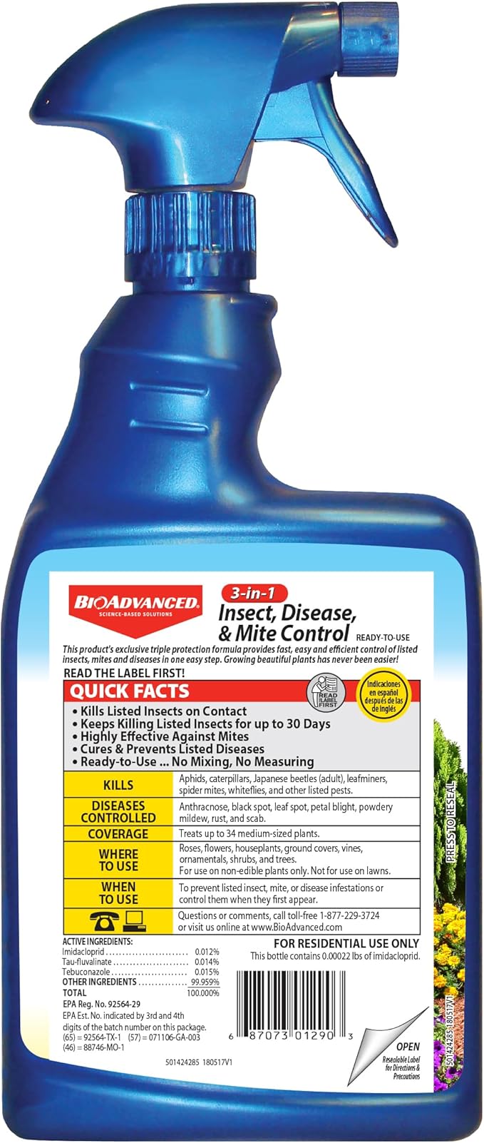 BioAdvanced 3-In-1 Insect, Disease and Mite Control, Ready-to-Use, 24 oz, Plant Bug Spray, Fungicide for Plants and Trees