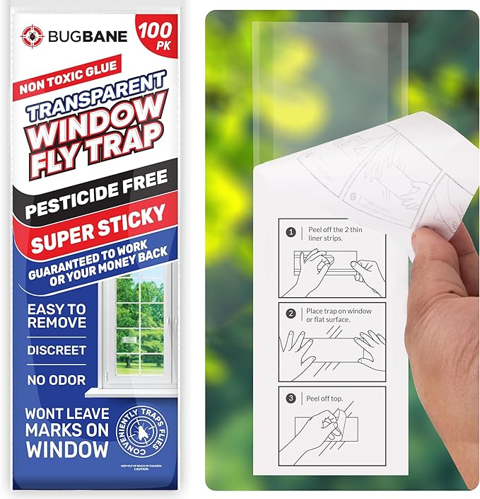 100 Window Fly Traps Sticky Non-Toxic Clear Fly Paper Indoor for Home. No Mess Flies Window Sticky Traps Bug Flies Strips Indoors. Fruit and Housefly Trap Indoor Flypaper Tape Gnat Catcher Killer.