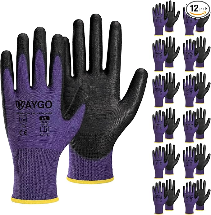KAYGO Work Gloves for Men and Women,12 Pairs Seamless Knit PU Coated Safety Gloves, with Smooth Grip on Palm and Fingers, Ideal for Light Warehouse, Manufacturing, Gardening, KG11P (L, Purple)