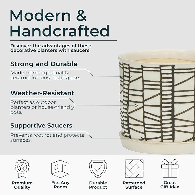 Set of 2 Geometric Decorative Ceramic Planter Pots with Saucer – Stoneware Outdoor & Indoor Plant Pots with Drainage – Modern Garden & Home Decor Ceramic Planters – 6" & 8", Ivory
