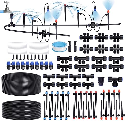230FT Garden Irrigation System with 40 Nozzles & Emitters, Automatic Watering System with 1/2" & 1/4" Tube and Barbed Fittings, Garden Sprinkler for Raised Beds, Greenhouse, Lawn