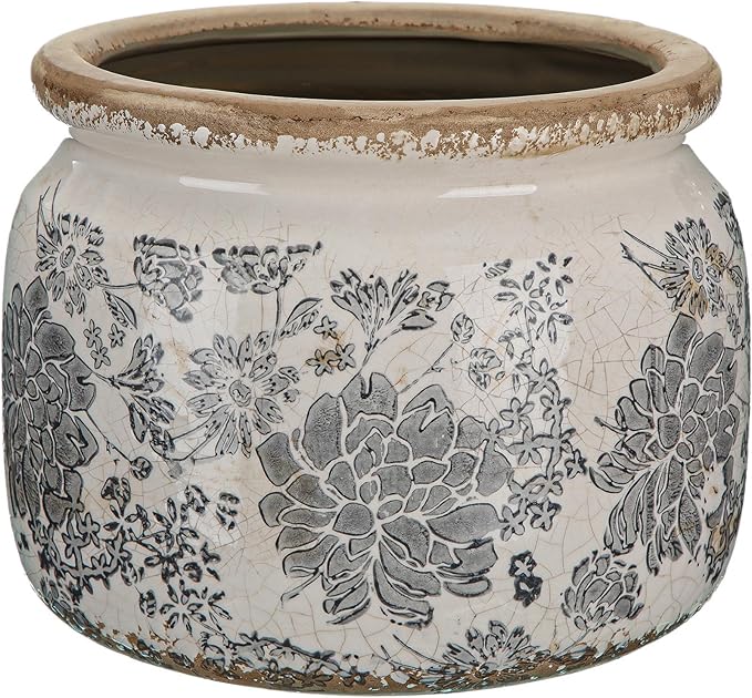 7.7" Large Ceramic Plant Pot Beige Gray Rustic Peony Crackle Glaze Rustic Flowers Pot Decorative Planter with Drainage for Indoor Outdoor Plants Home Kitchen Office Decor Gift