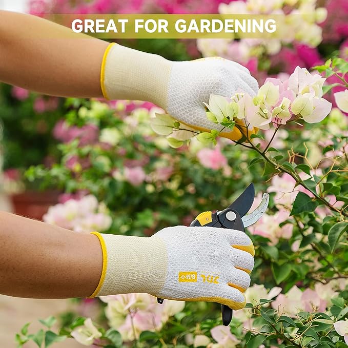 JDL Gardening Gloves for Women, 2 Pairs Breathable Latex Coated Yard Garden Gloves, Rubber Outdoor Protective Work Gloves with Grip, Yellow, Medium Size