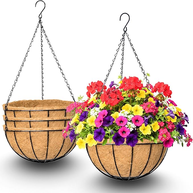 4 Pack 12 Inch Hanging Baskets for Plants Outdoor Metal Hanging Planters Round Hanging Flower Pots with Coco Coir Liner Plant Holder for Outdoor Patio Garden Balcony Decor - Watermelon
