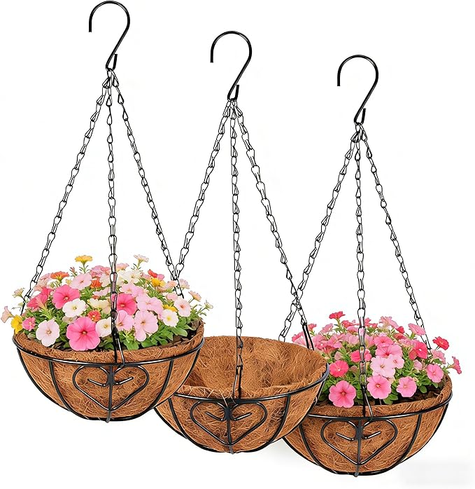 QCQHDU 3 Pack 10 inch Metal Hanging Orchid Baskets for Plants Outdoor, Hanging Orchid Planter Basket with Coco Liners, Orchid Pots with Holes for Garden, Patio, Deck, Porch Plants(Love)