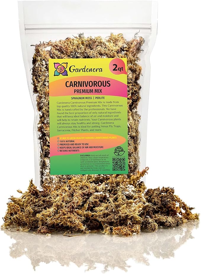 Gardenera Sphagnum Moss Potting Mix for Carnivorous Plants, Moss and Perlite Blend for Potting Venus Fly Traps, Sarracenia, Pitcher Plants - 75% Sphagnum Moss + 25% Perlite - Made in USA - 2 Quart