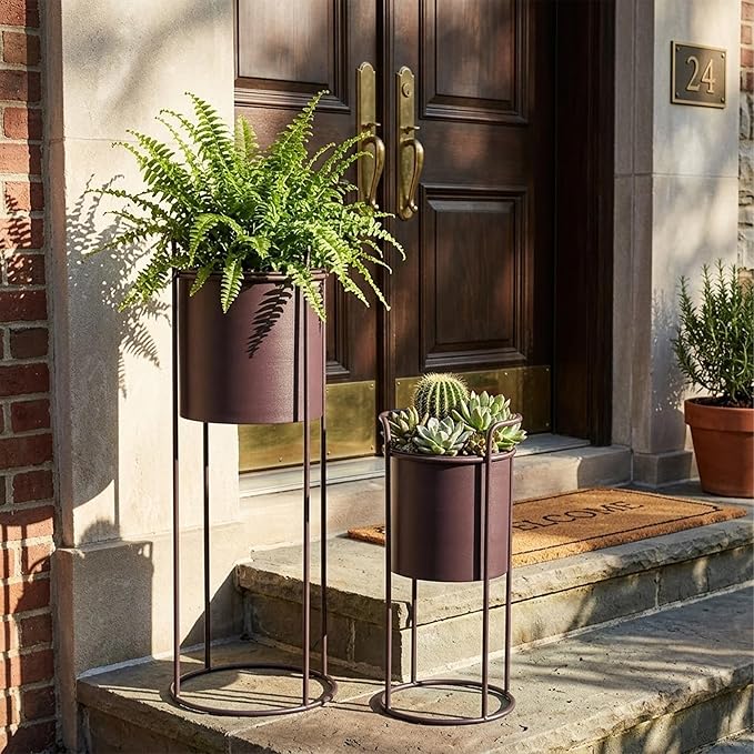 TRIROCKS Set of 2 Planters with Stand Large Metal Planter for Indoor Plants 28 &18" H Plant Pots for Living Room Corner Kitchen Office Garden Balcony Patio Decor(Brown)