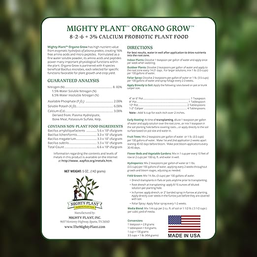 Organic Probiotic Plant Food – Fast-Acting with Microbes & Amino Acids 8-2-6 + 3% Calcium for All Garden Types Organo Grow | Boost Growth & Health (5, Ounces)