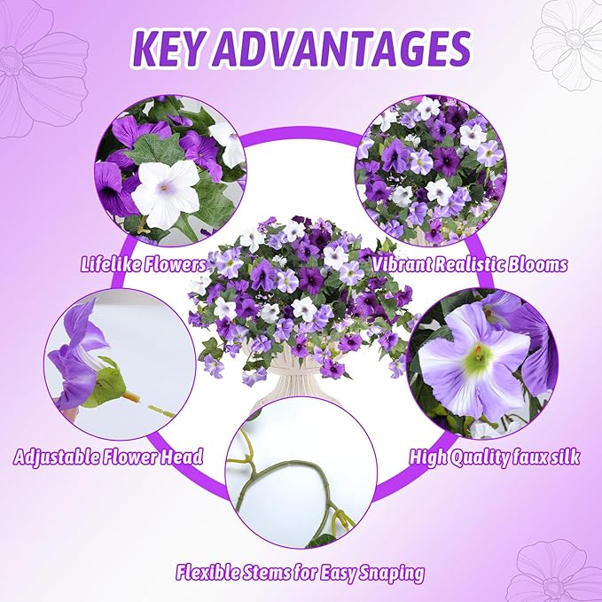 Alotiki Artificial Fake Flowers for Outdoor Plants Decoration,4 Pcs Faux Petunias Flowers Plants UV Resistant Silk for Porch Yard Garden Home Indoor Decor(Purple White)