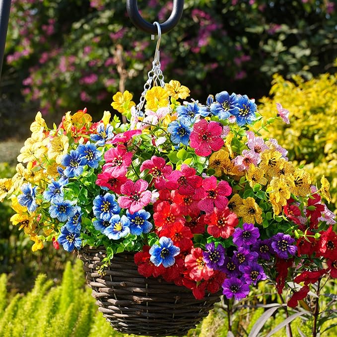 trytuny Artificial Flowers for Outdoor, UV Resistant Fake Silk Flowers, Realistic Faux Plants for Outside Indoor Porch Patio Window Box Planter Home Decor (20, Yellow Purple Rosy Red Blue)