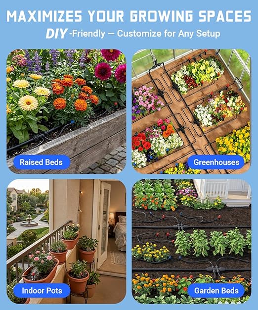 Fast-Lock Drip Irrigation System Kit for Garden Watering with 40 Adjustable Nozzles, Leak-Proof & Easy-Connect Irrigation Kit with 1/2" & 1/4" Tubing, for Greenhouse, Lawn, Indoor Pots(26FT+100FT)