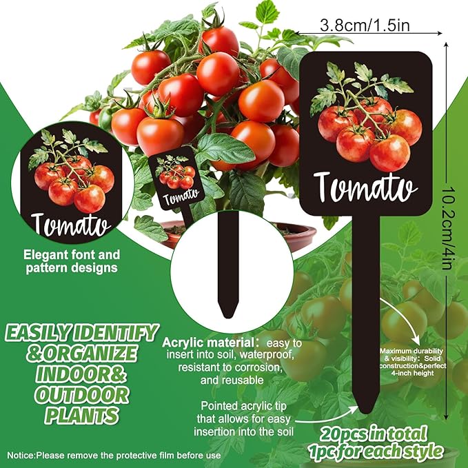 Whaline 20Pcs Watercolor Vegetable Fruit Plant Label Signs 20 Styles Garden Markers Waterproof Black Acrylic Plant Stake Tags with Names for Nursery Indoor Outdoor Garden Decor