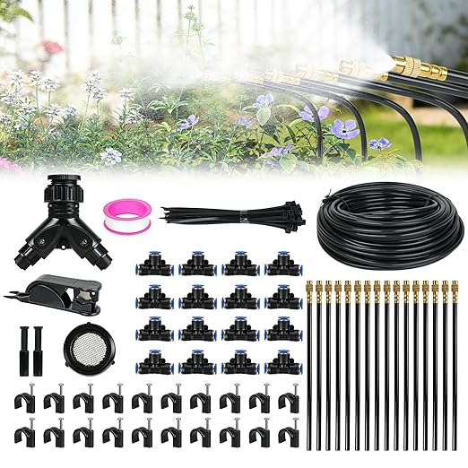 50ft Drip Irrigation System, Automatic Garden Watering System with 16 Adjustable Sprinkler Nozzles, Irrigation Hose Kit for Yard, Lawn, Plants, Atomizing System
