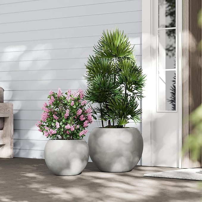 DTY Mount Sherman 12.6" D x 10'' H (Pot Opening 8.5") Fiberstone Round Planter with Drainage Hole, Smooth Finishes, Weather Resistant for Indoor and Outdoor, 2 Extra Coco Mats - Gray, Small