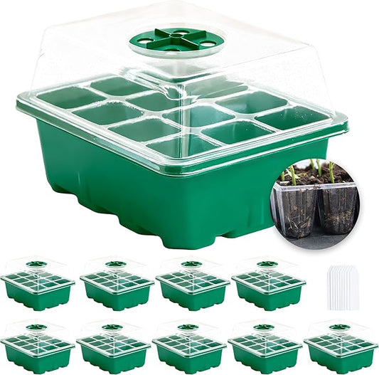 Seed Starter Kit 10-Pack with Humidity Dome, 120 Cells Propagation Trays & Base | All-in-One Mini Greenhouse for Seed Germination and Plant Starting