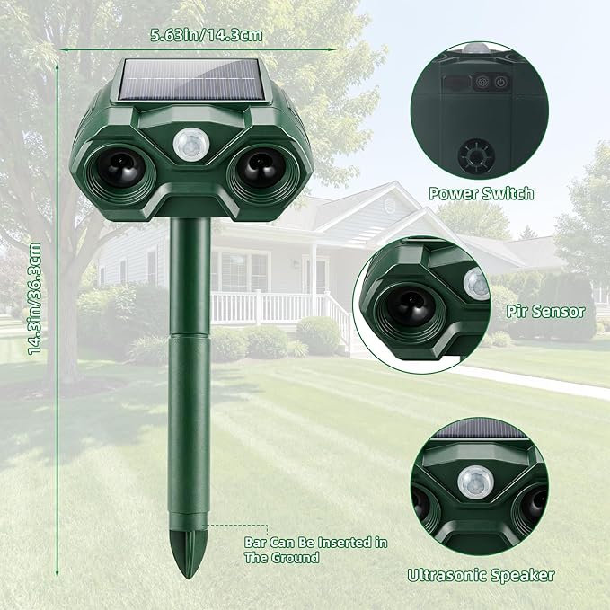 2 Pack Solar Animal Repellent Outdoor,USB Rechargeable Cat Deterrent Outdoor &Deer Repellent Devices Coyote Skunk Raccoon Fox Deterrents Light Animal Repeller with Motion Sensor for Yard Garden