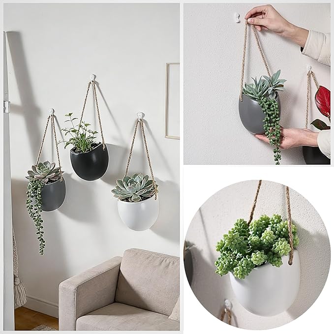 Set of 3 Small Ceramic Hanging Planters for Indoor Plants, Wall Decor for Bathroom Living Room Bedroom Home Kitchen Office Corridors