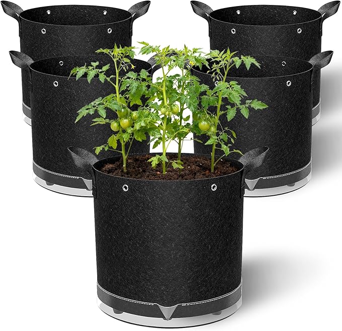 5 Pack 5 Gallon Self-Watering Grow Bags, Thick Nonwoven Fabric Pots with Support Rings and Reinforced Handles, Self-Watering Planters with Bottom Reservoir for Tomatoes Peppers Potatoes and Vegetables