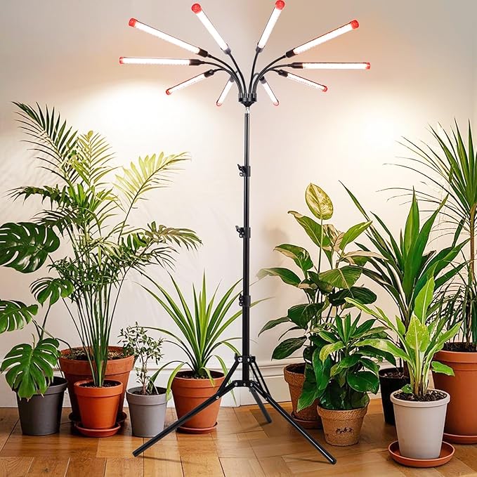 FRGROW 10Head Grow Light with Stand for Tall&Large Indoor Plants, Bonsai Tree, Big Coverage and Bright Plant Growing Lamps, 4/8/12/16/20H Timer, 90 Watt Power Draw, NO Need Adapter, 360° Gooseneck