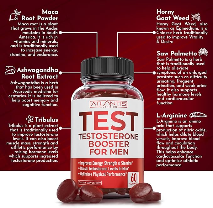 Atlantis Nutrition Testosterone Booster Gummies for Men - Enhances Strength & Stamina - Optimizes Performance & Male Enhancement - Tribulus, Goat Weed Extract, Maca Root Extract | 60 Gummies