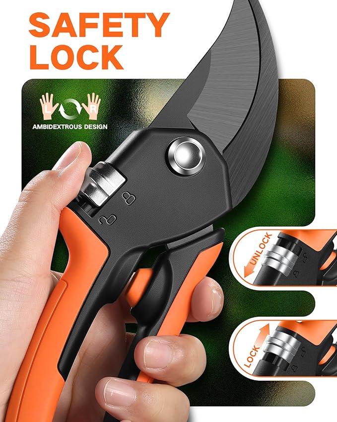 8.5" Pruning Shears for Gardening, 【Unique Stepless Handle Opening】Professional Bypass Garden Clipper, Heavy Duty Plant Pruners for Branch 【SK5 Steel Blades】【All Hand Sizes】,Bright Orange