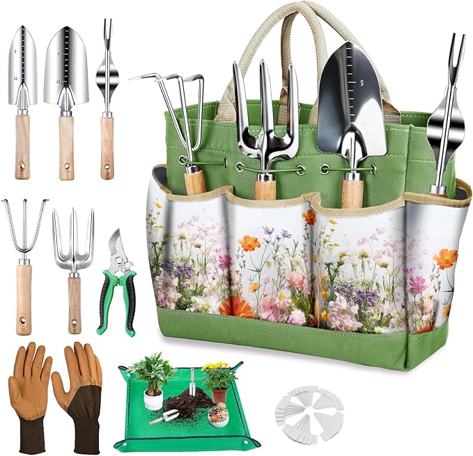 Gardening Tools Set for Women 29Pcs Heavy Duty Garden Hand Tools Set with Floral Tote Bag Rust-Proof Garden Tool Kit Supplies Gardening Esssential Gifts for Women Men